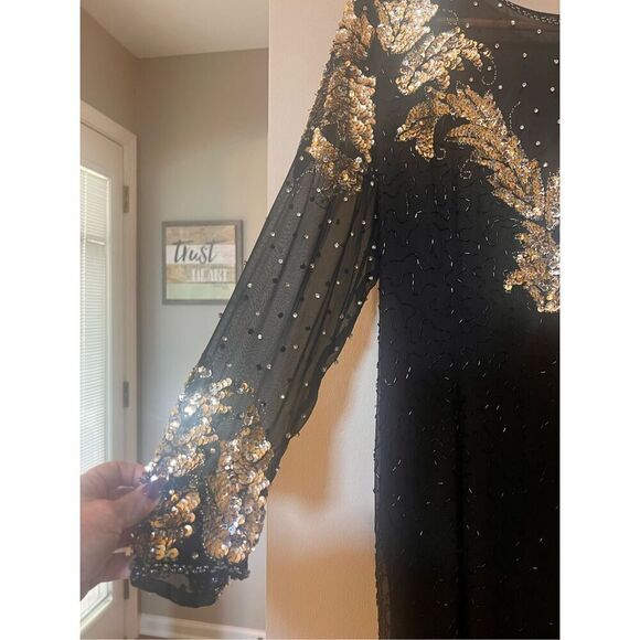 Vintage Jaqueline Ferrar 12 Sequin Beaded Sheath Dress Black Gold Party Cocktail - Picture 7 of 14